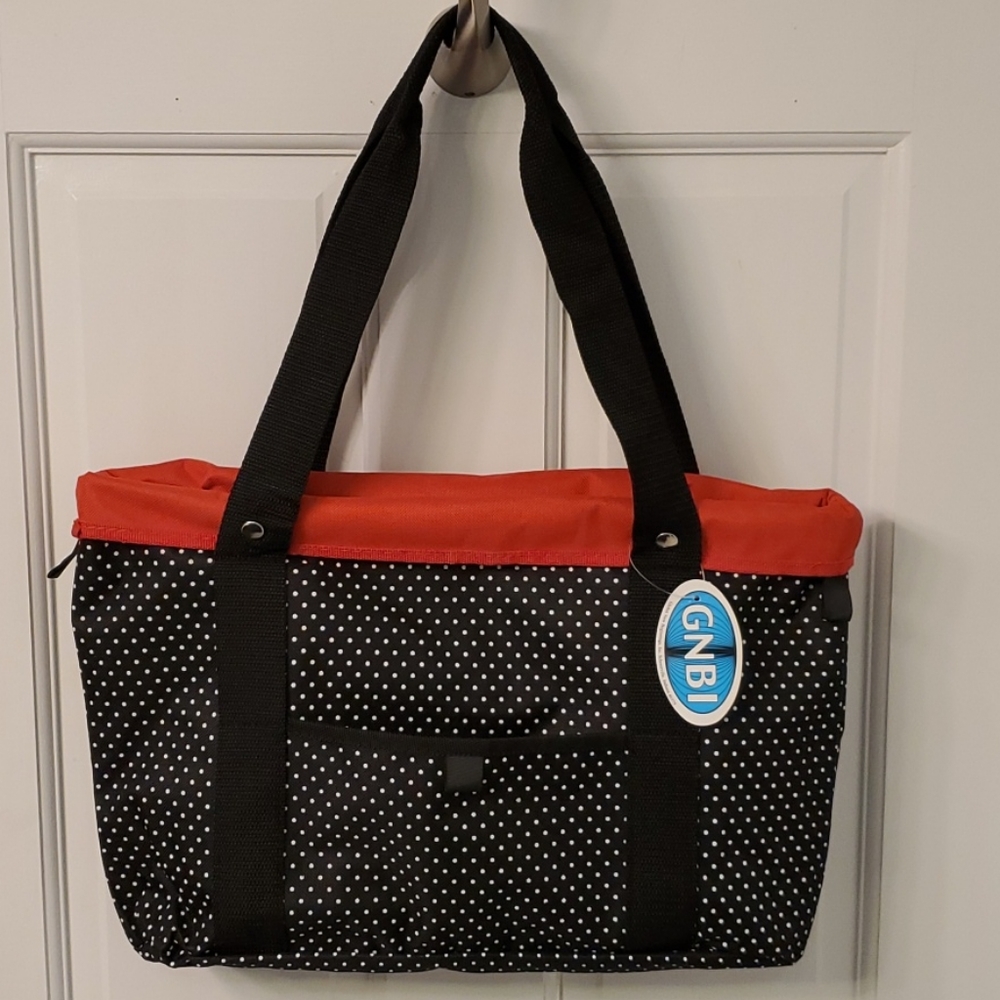 TOTE Bag Black w/White Pokadots Red Trim. Is not a zipper closer Bag